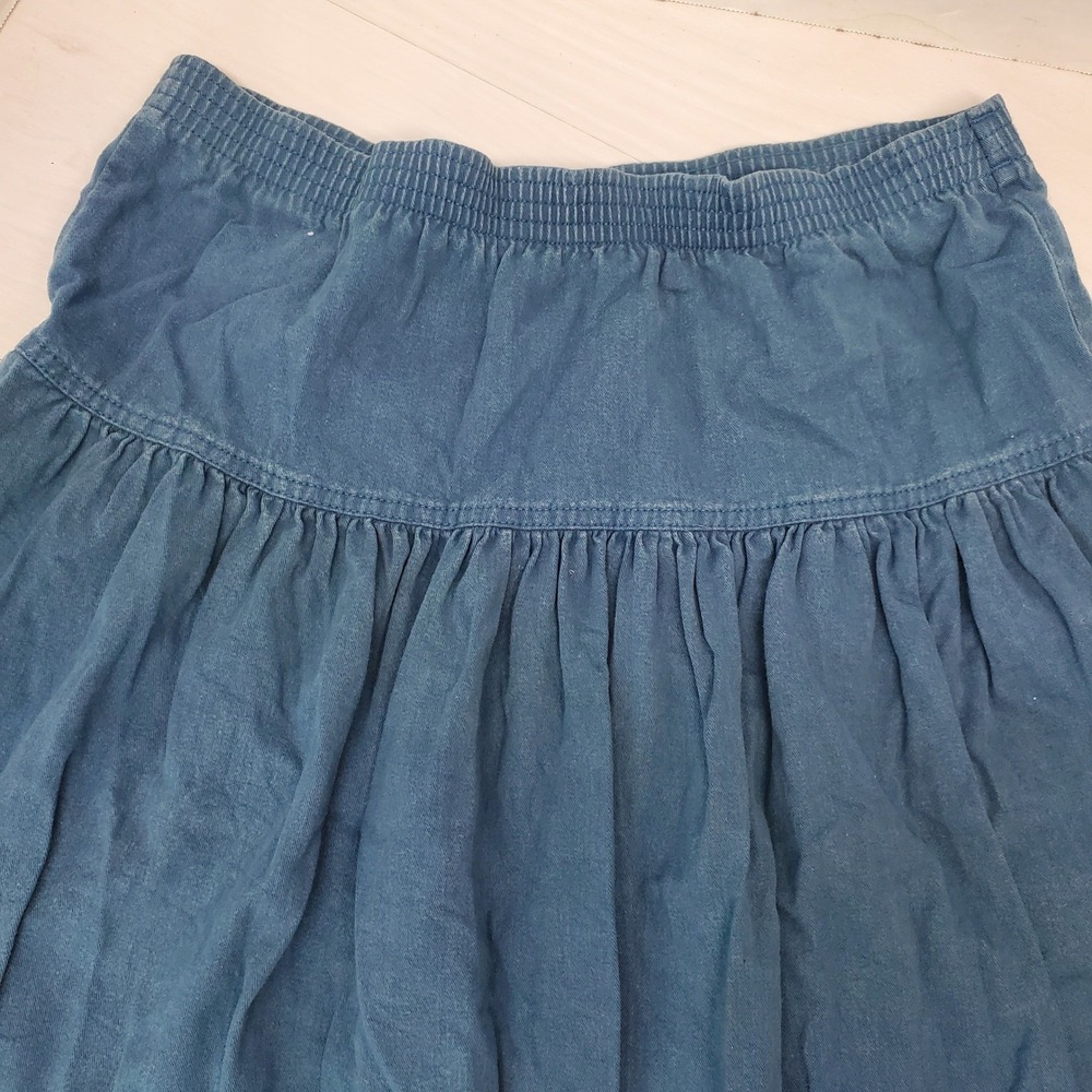 Womens Blue Denim Midi Skirt Elastic Waist Tiered Gathered Size Large Prairie